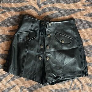 Black Leather Mini Skort with Button Details